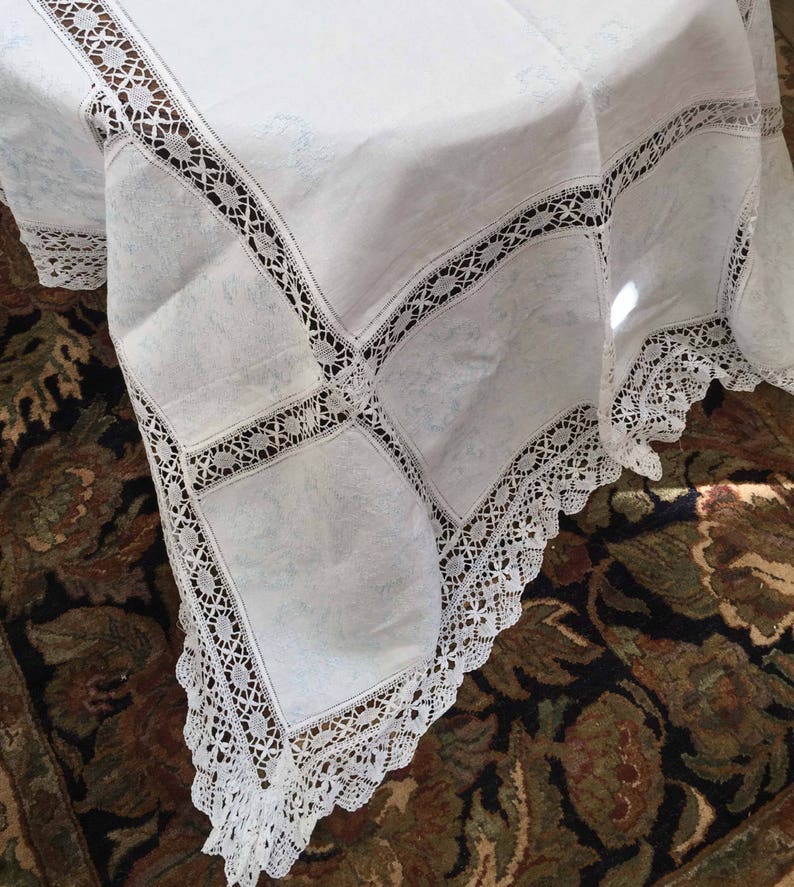 Exquisite Vintage Linen And Lace Tablecloth Wedding Gift Hand Embroidered Pale Blue Design England Lace Inserts and Wide Lace Border