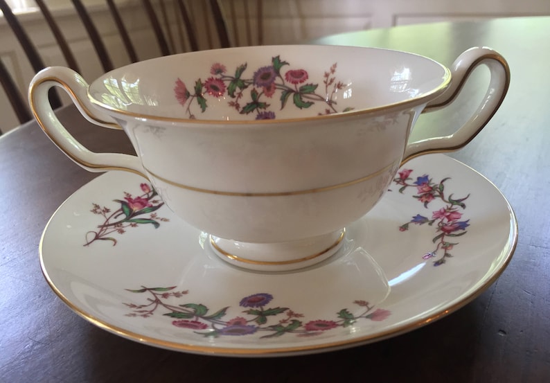 Devon Sprays Pattern Vintage Wedgwood Handled Soup Cup and Saucer English Country Decor England Cottage Style Floral R Vintage Gift