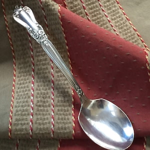 May include: A silver spoon with a floral design on the handle. The spoon is lying on a red and brown striped fabric.