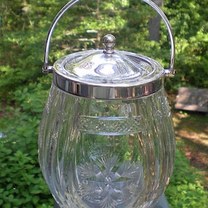 REDUCED, Antique English Biscuit Jar, Finely Cut With Engraving, Wedding Gift, English Glass, Anniversary Present, Gift For Mom, Sister