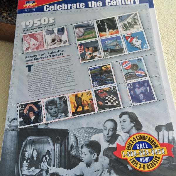 Celebrate The Century, 1950s, Collectible Stamps, Family Fun, Suburbia, Nuclear Threats, Television, Gift For Collector, Child, US History