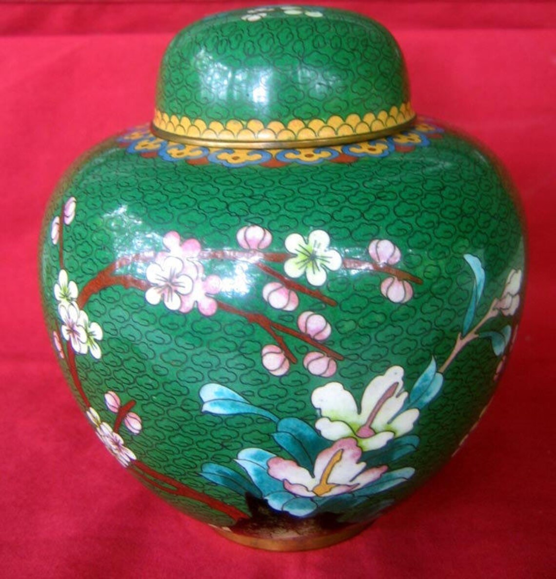 REDUCED Antique Cloisonne Ginger Jar Green With Cherry Etsy