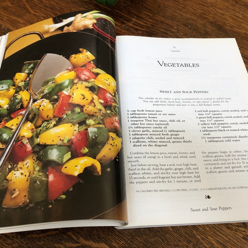 May include: A recipe for Sweet and Sour Peppers, featuring a close-up of the finished dish with red, green, and yellow bell peppers, scallions, and sesame seeds. The recipe includes ingredients like lemon juice, tamari, honey, and chili oil.