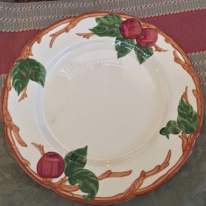 Pu&ograve; includere: Un piatto in ceramica bianca con un design a ramo marrone e illustrazioni di mele rosse e verdi.