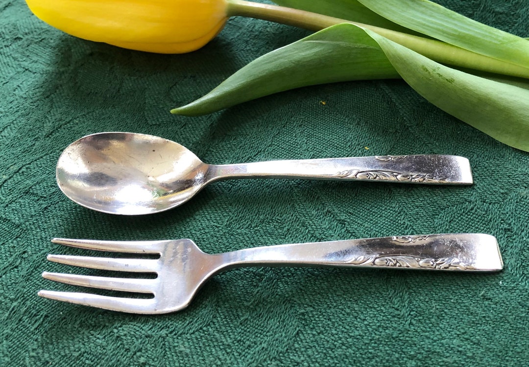 Vintage Silver Baby Spoon and Fork Set, Proposal, 1881 Rogers Oneida