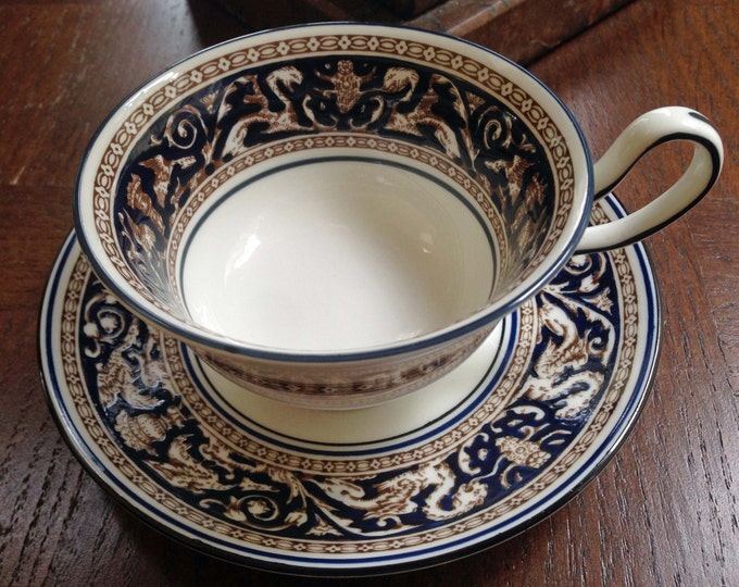 Vintage Wedgwood Cup and Saucer Florentine Cobalt Engand Collectible