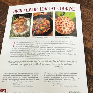 May include: A book cover for a cookbook titled "High-Flavor, Low-Fat Cooking" with a colorful image of a roasted chicken, sweet peppers, and a banana cream pie. The book cover features quotes from John Mariani, Maida Heatter, and Anne Willan.