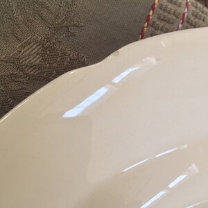 Pu&ograve; includere: Un piatto in ceramica bianca con un bordo ondulato. Il piatto ha un piccolo scheggio sul bordo.
