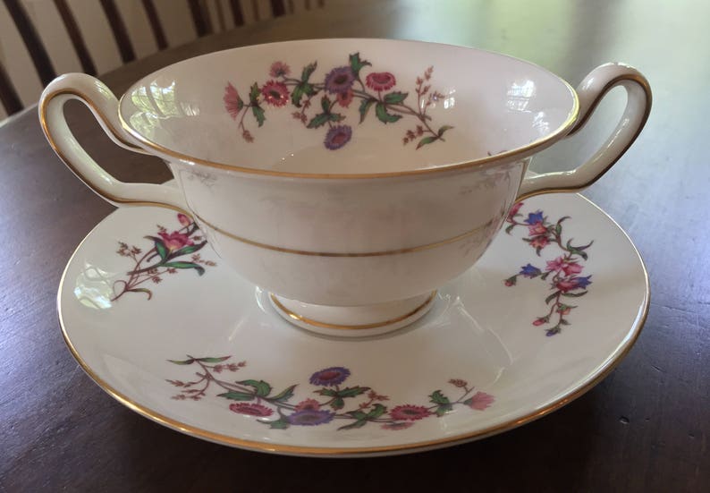 Devon Sprays Pattern Vintage Wedgwood Handled Soup Cup and Saucer English Country Decor England Cottage Style Floral R Vintage Gift