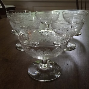 May include: Set of five clear glass champagne coupes with intricate etched designs. The coupes have a delicate stem and a wide, shallow bowl.