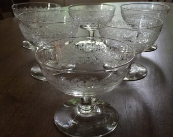 Set Of 3 Antique Etched Sherbet Stems, Bryce, Etch 327, Wedding Gift, Anniversary Present, Collectible Glass, Antique Gift, Etched Glasses