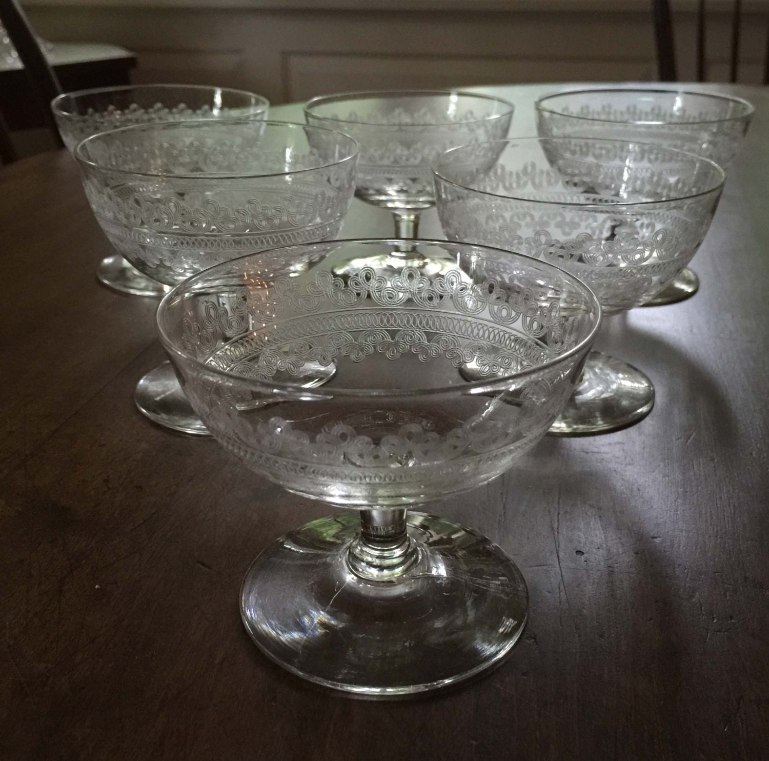 Set of 5 Antique Etched Sherbet Stems Bryce Etch 327 - Etsy