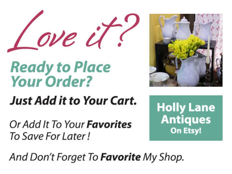 May include: A collection of white ceramic pitchers with yellow flowers in a vase. The pitchers are arranged on a wooden shelf with a sign that reads "Holly Lane Antiques On Etsy!"