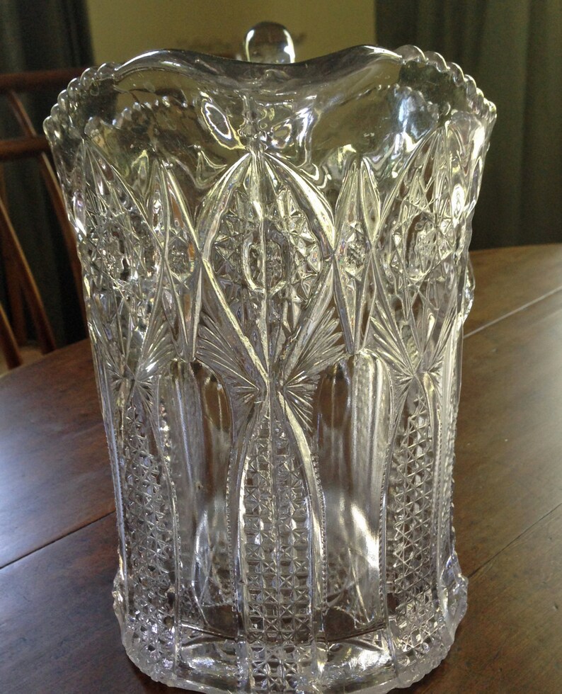 Early American Pattern Glass Large Pitcher Hobstar Band Etsy