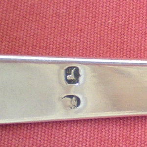 May include: Close-up of a silver object with two hallmarks. The hallmarks are in the shape of a bird and a crown.
