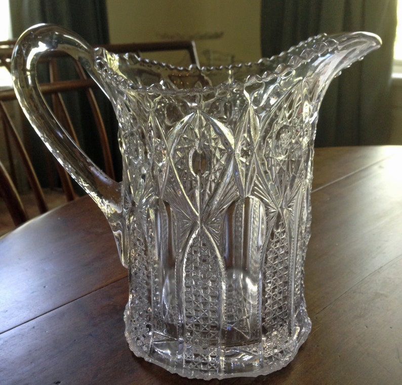 Early American Pattern Glass Large Pitcher Hobstar Band Etsy