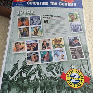 May include: A sheet of commemorative stamps titled "Celebrate the Century" featuring images from the 1910s. The stamps depict historical figures, events, and cultural icons, including Charlie Chaplin and Uncle Sam. The sheet is labeled "2 of 10 in the series."