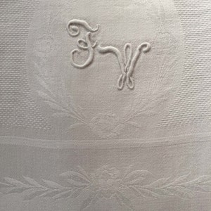 Vintage Linens White Embossed Damask Hemstitched Towel, Monogram F W, Hostess Gift, Cottage Style, French Country, Farmhouse, Vintage Gift