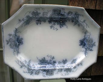 Early Flow Blue Large Platter, James Edwards, Vine Pattern, Antique Collectible, Farmhouse Decor, Wedding Present, Cottage, Blue and White