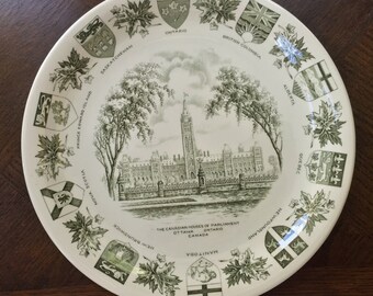 Vintage Plate, Collector Plate, Souvenir Plate, Canada, Houses Of Parliment, Wood And Sons, Vintage Gift, Collectible, Green TransferWare, C
