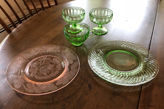 Depression Glass Lot Pink and Green Dogwood Swirl Antique | Etsy