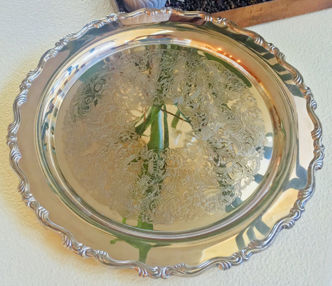 Vintage Large Silver Plated Round Tray Etched Design Vintage - Etsy
