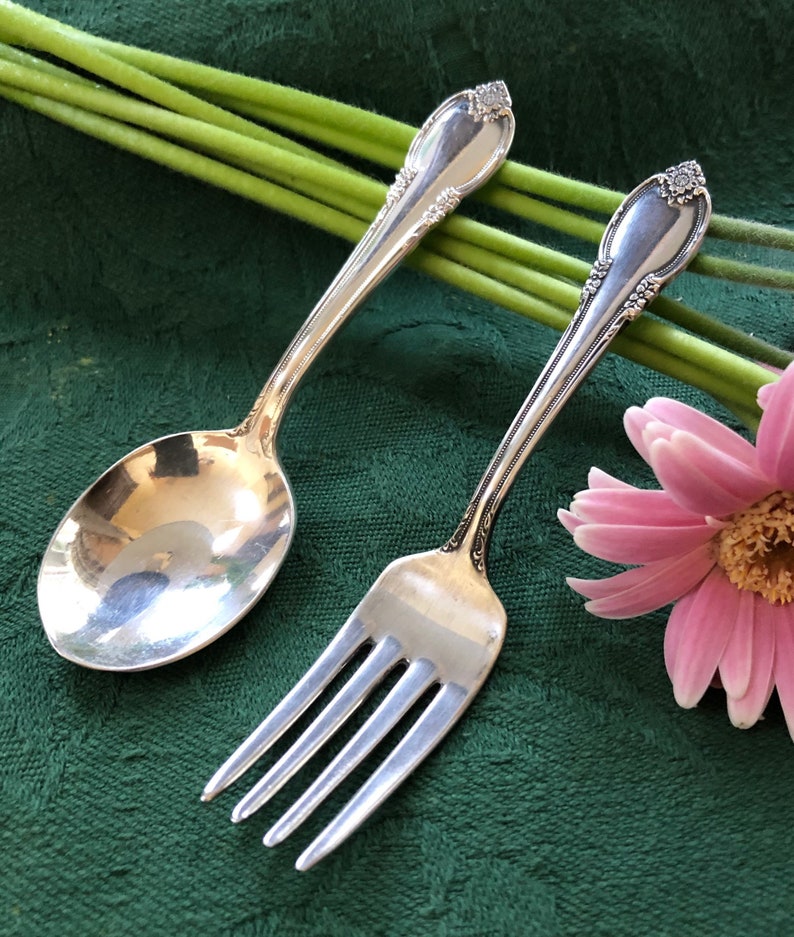 Vintage Silver Baby Spoon and Fork Set, Remembrance, 1847 Rogers Bros