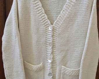 Hand Knits By East Winds, Womans White Cardigan Style Sweater, Gift For Her, Gift For Mom, Vintage Gift, Vintage Clothing, Gift For Friend