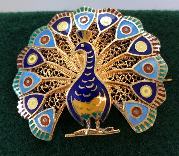 Vintage Brooch, Pin, Peacock, Filligree and Ename… - image 1