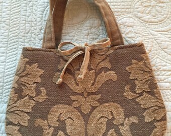 Tapestry Fabric Hand Made Hand Bag, Tan Purse, Lined with Pockets, Gift For Mom, Friend, Hand Made Gift, Gift For Her, Birthday Gift Present