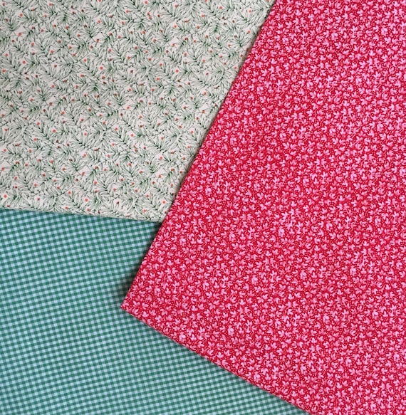 Vintage Fabric, 3 Different Piece Lot, Red and Green, Christmas Colors, Cotton Fabric, Holiday Colors Print Fabric, Quilting, Craft Fabric
