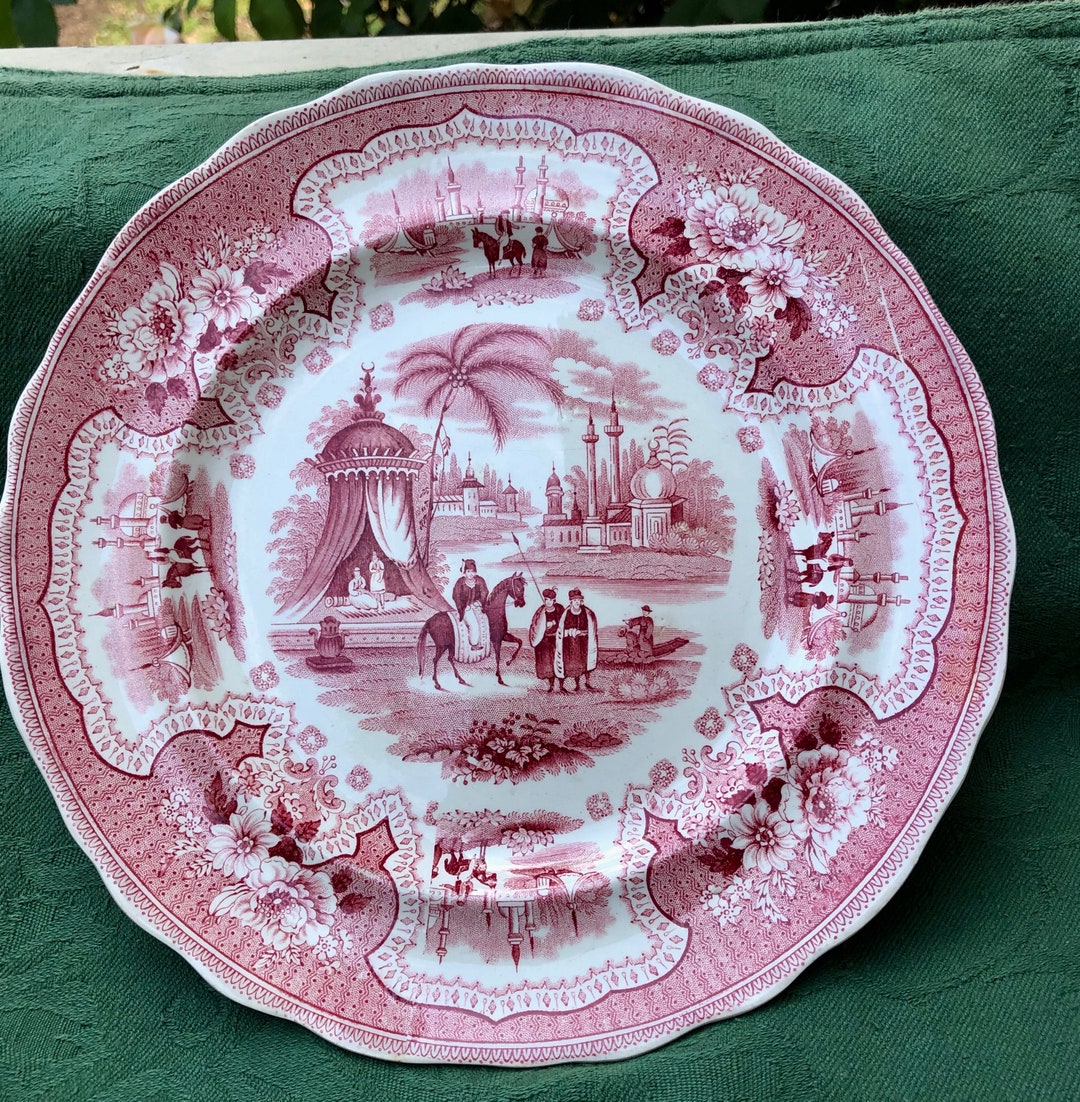 Antique Red Transfer Ware Plate, Palestine Pattern, Adams, England