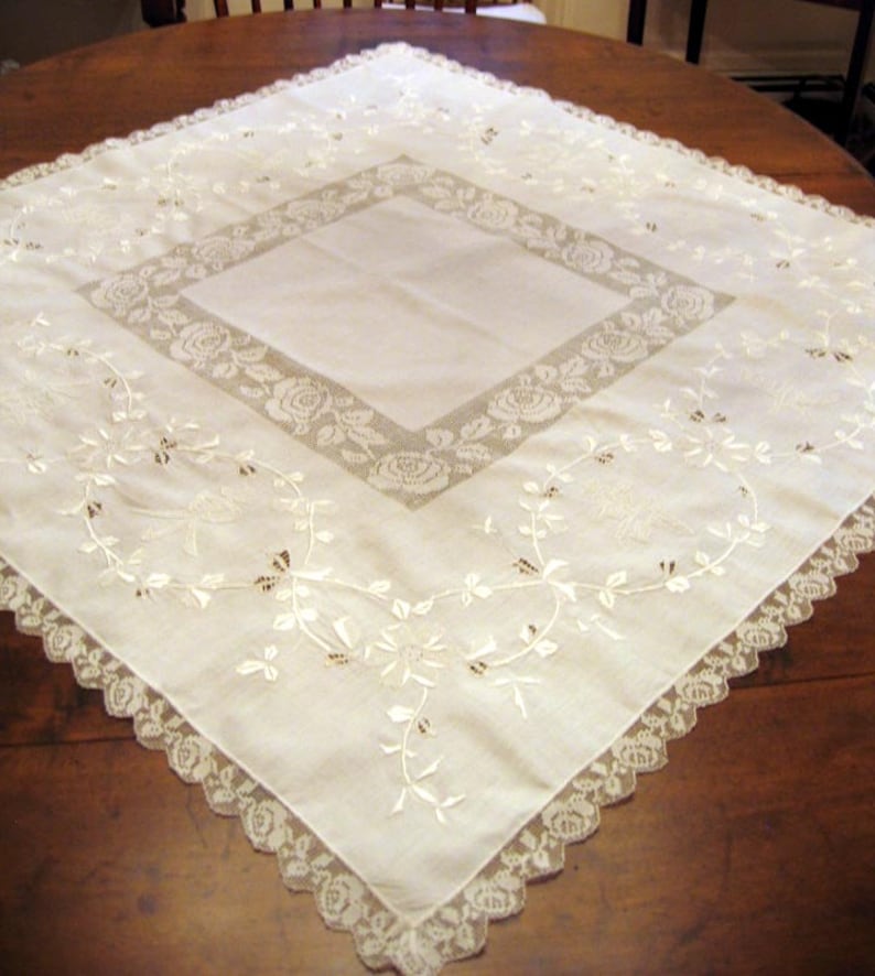 Antique Linen and Lace Tablecloth White Work Embroidery Etsy