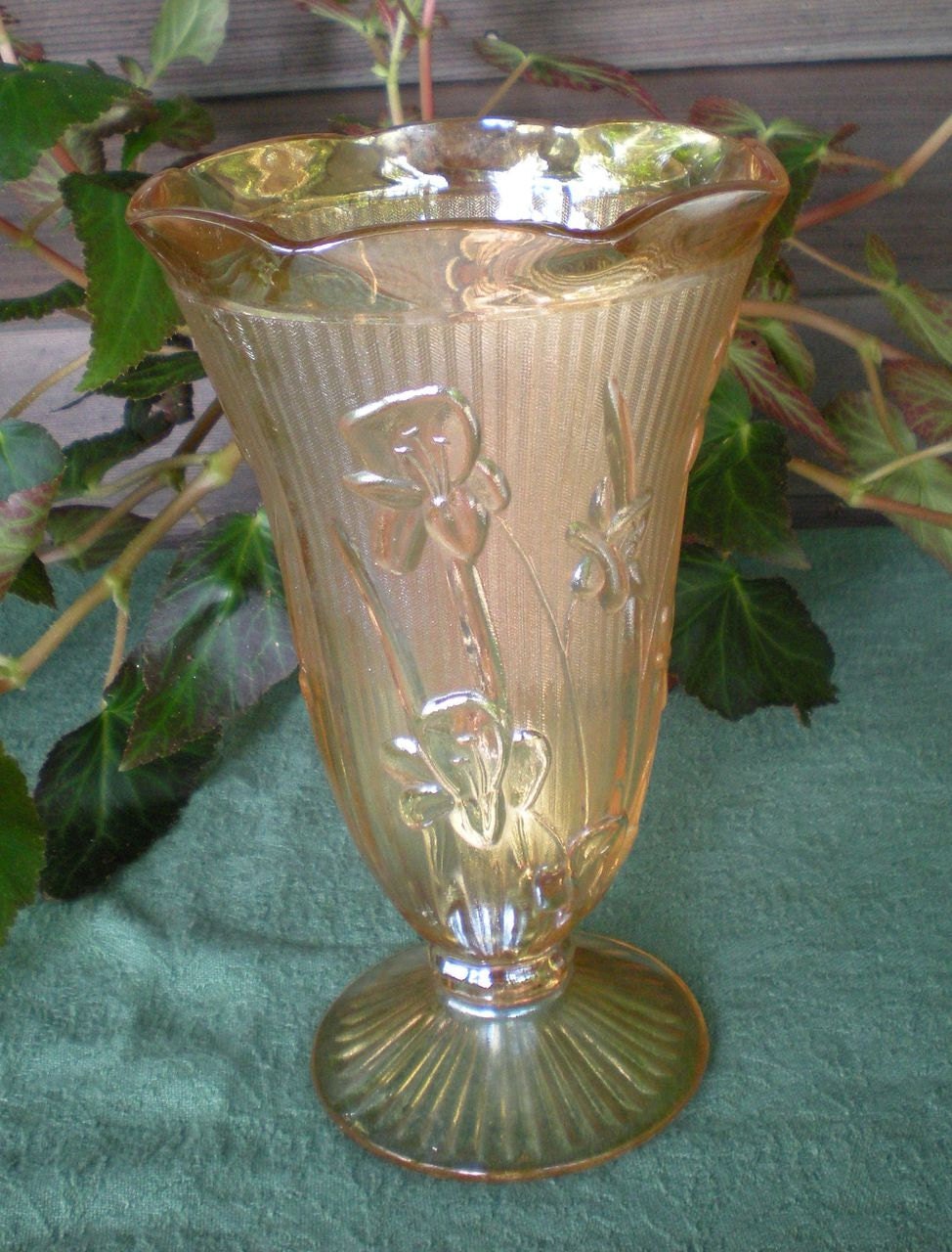 Depression Glass Iris and Herringbone Iridescent Vase Etsy