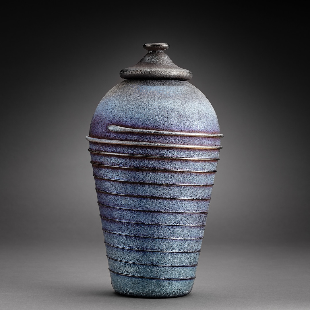 Style 24A - Metallic Blue Wrap Urn - Vase With Lid - Etsy - Industrial Metallic Urn Decor