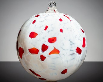 White with Red Spots, Hand Blown Glass Ornament