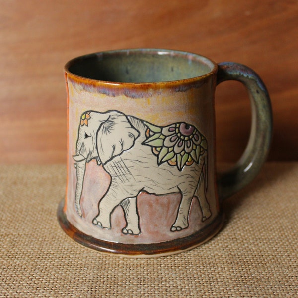 X (20% discounted. Read description.) 10oz / 300ml Handmade Ceramic Carved Elephant mug. One of a kind. Pottery. Stoneware clay. Ooak