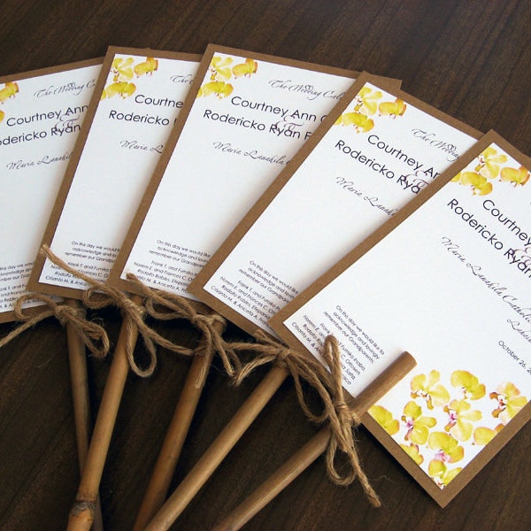 Hawaiian Tropical Yellow Phalaenopsis Orchid Destination Beach Wedding Program Fan Natural Bamboo Stick Handle - Custom order for Ashley