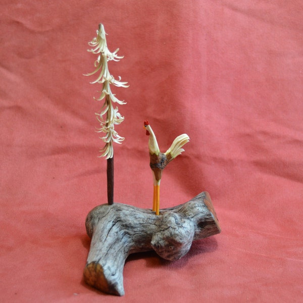 Rustic Rooster with Carved Pine Tree, Folk Art Rooster, Folk Art Carving