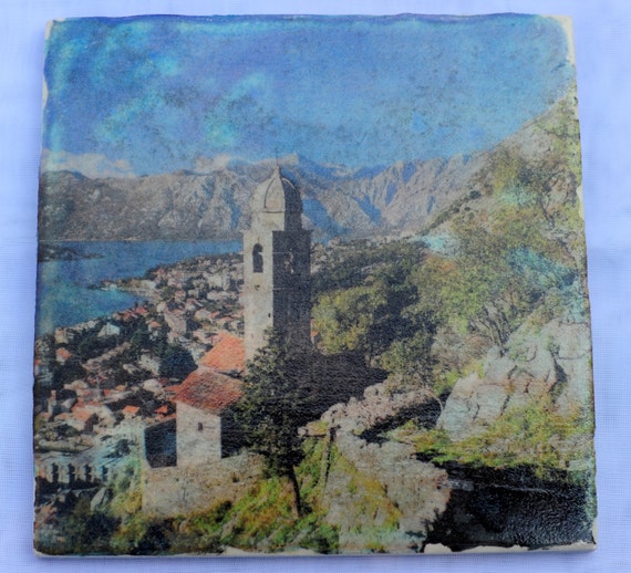 Items similar to Natural Stone Tile Handmade Photo Transfer Art 6"x6" Kotor Montenegro