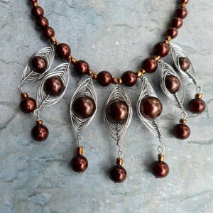 Golden brown statement necklace herringbone pendants / beaded necklace / handmade ladies jewelry / homemade jewelery / trending items image 2