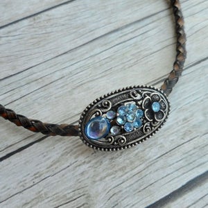 Antique brown braided leather choker necklace with aqua blue rhinestones charm ladies boho art nouveau jewelry handmade jewelery image 1