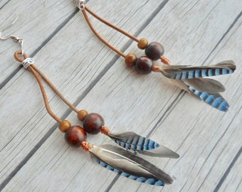 Feather earrings blue bird feathers Jay brown leather wooden beads boho ladies jewelry Bohemian gypsy indian unique handmade jewelery