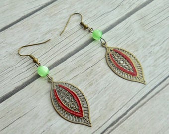 Leafs charm pendants earrings green glass beads antique bronze ladies jewelery / handmade jewelry trending item unique gift for her