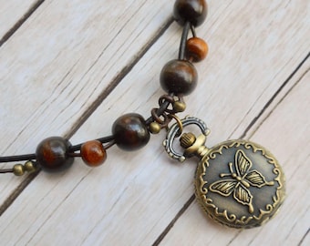Steampunk Victorian vintage pocket watch handmade leather necklace butterfly design on lid ladies fashion jewelery handmade jewelry gift