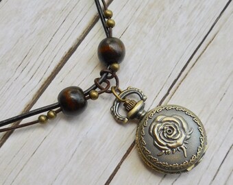 Leather necklace brown brass Steampunk Victorian vintage pocket watch rose design lit necklace ladies jewel handmade jewelery fashion gifts