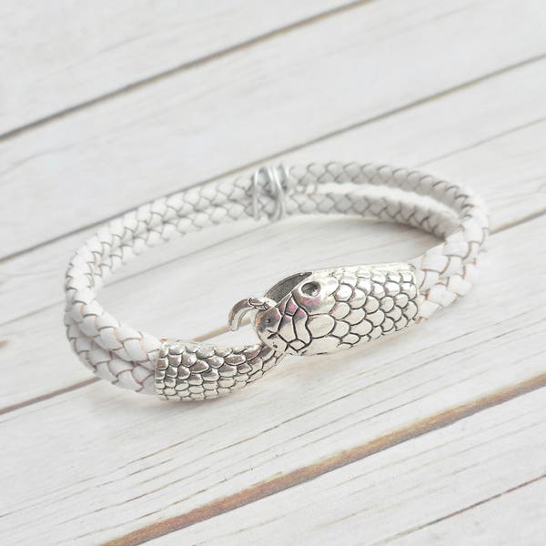 Leather bracelet braided mens ladies white double jewelry Ouroboros python snakes clasp unisex handmade jewelery trending item gift