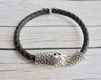 Pulseira de couro marrom trançado para homens e mulheres, joia marrom com fecho em formato de cobra píton Ouroboros, unissex, feita à mão, tendência.