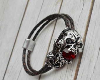 Leather bracelet men skull deadhead clasp buckle ruby crystal handmade jewelry brown unique sturdy jewelery men's jewelry trending item
