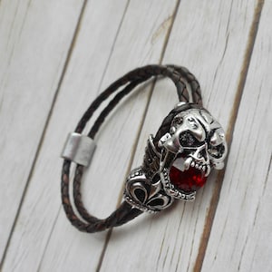 Leather bracelet men skull deadhead clasp buckle ruby crystal handmade jewelry brown unique sturdy jewelery men's jewelry trending item image 1